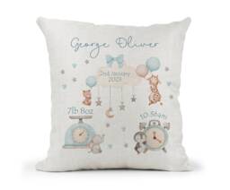 Personalised Cushion, Boys New Baby , Weight, Time, Date Keepsake Gift, Birth Details, Christening, 1st Birthday Keepsake - thumbnail 1