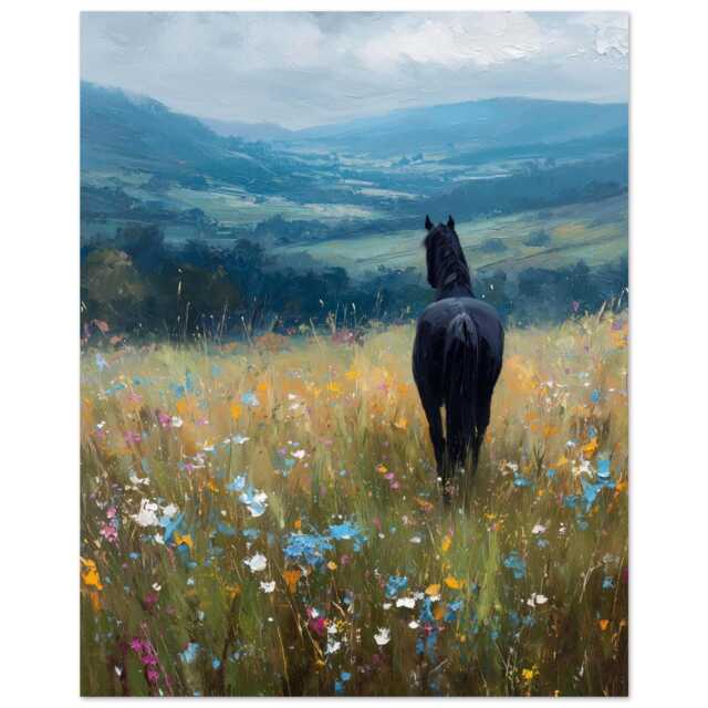 Black Horse Rustic Oil Painting Wall Art Print, Memorial Portrait, Gift For Owner, Portrait, Horse Nursery Print - image 1