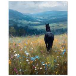 Black Horse Rustic Oil Painting Wall Art Print, Memorial Portrait, Gift For Owner, Portrait, Horse Nursery Print - thumbnail 1