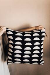 Hand Block Printed Linen Pillow Cover Half Moon Boho Chic Design - thumbnail 1