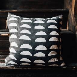 Hand Block Printed Linen Pillow Cover Half Moon Boho Chic Design - thumbnail 2