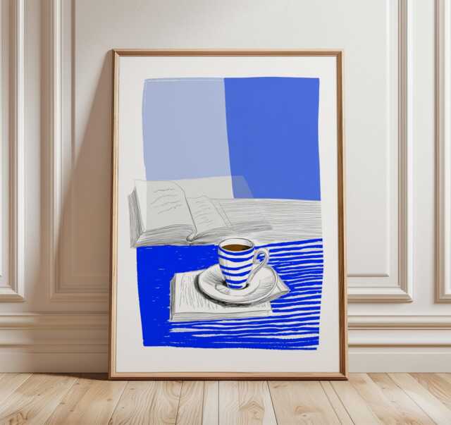 Blue Striped Coffee Cup Poster, Minimalist Still Life Wall Art, Modern Kitchen Decor, Relaxed Reading Nook Print - image 1
