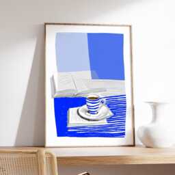 Blue Striped Coffee Cup Poster, Minimalist Still Life Wall Art, Modern Kitchen Decor, Relaxed Reading Nook Print - thumbnail 2