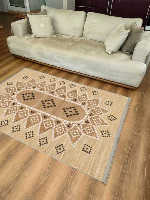 Beige Chenille Tribal Rug Washable Geometric Medallion Carpet - image 1