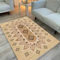 Beige Chenille Tribal Rug Washable Geometric Medallion Carpet - thumbnail 3