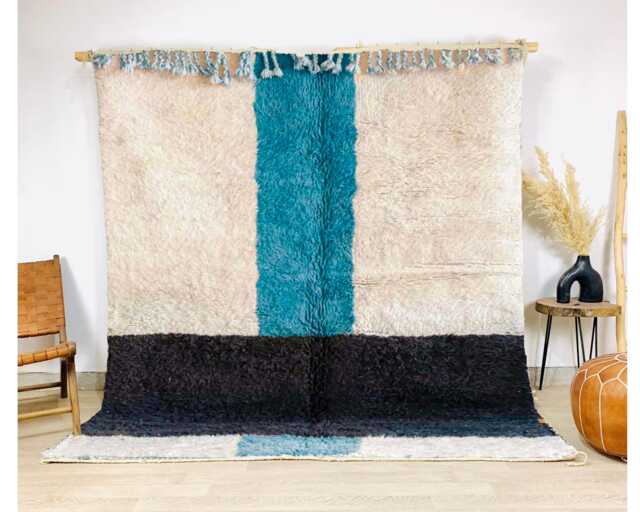 Authentic Modern Moroccan Rug - Blue, Black & White Shag Rug, Custom Made Berber Carpet, Large Area - image 1