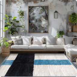 Authentic Modern Moroccan Rug - Blue, Black & White Shag Rug, Custom Made Berber Carpet, Large Area - thumbnail 3