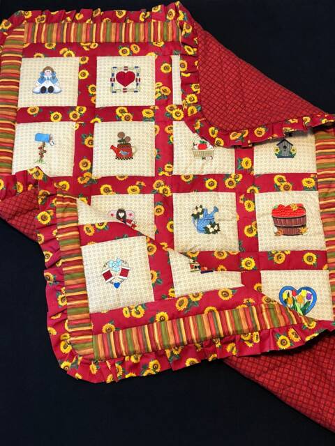 Sunflower Girl, Country Embroidered Crib Quilt Ruffled Baby Blanket, Red Cream Beige, Quilt, Striped Flannel, Quilted, Ready To Ship - image 1