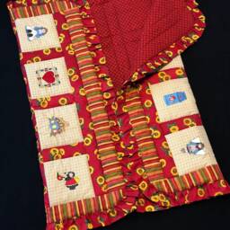 Sunflower Girl, Country Embroidered Crib Quilt Ruffled Baby Blanket, Red Cream Beige, Quilt, Striped Flannel, Quilted, Ready To Ship - thumbnail 2
