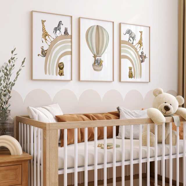Safari Animal Prints Set Of 3 Beige Rainbow Hot Air Balloon Nursery Wall Art - image 1