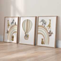 Safari Animal Prints Set Of 3 Beige Rainbow Hot Air Balloon Nursery Wall Art - thumbnail 3