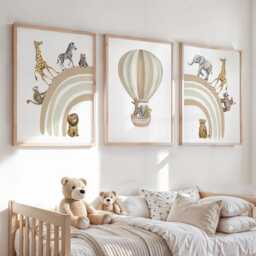 Safari Animal Prints Set Of 3 Beige Rainbow Hot Air Balloon Nursery Wall Art - thumbnail 2