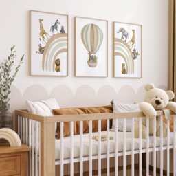 Safari Animal Prints Set Of 3 Beige Rainbow Hot Air Balloon Nursery Wall Art - thumbnail 1