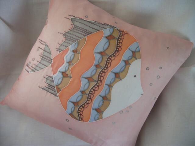 Peach Silk Cushion Cover Ocean Fish Design, Kids Nursery Decor - image 1