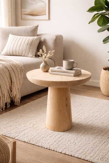 Solid Basswood(Linden Mushroom Side Table -Pedestal Stool - Minimalist Natural Wooden Accent - image 1