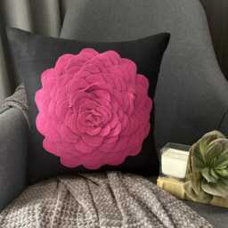 Black Faux Suede, Appliqu?? Floral Pattern, Modern Throw Pillow Cover/Euro Sham - Hot Pink Rose - thumbnail 2