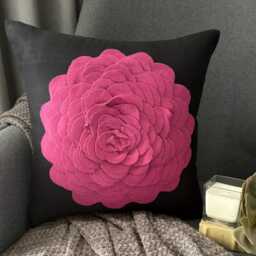 Black Faux Suede, Appliqu?? Floral Pattern, Modern Throw Pillow Cover/Euro Sham - Hot Pink Rose - thumbnail 1