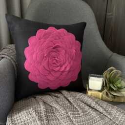 Black Faux Suede, Appliqu?? Floral Pattern, Modern Throw Pillow Cover/Euro Sham - Hot Pink Rose - thumbnail 3