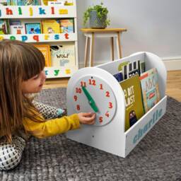 Personalised Kids Book Storage Box, Portable Wooden Bookcase For Toddlers in White, Montessori Play Clock, Home Education , Unique Gift - thumbnail 3