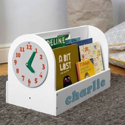 Personalised Kids Book Storage Box, Portable Wooden Bookcase For Toddlers in White, Montessori Play Clock, Home Education , Unique Gift - thumbnail 2