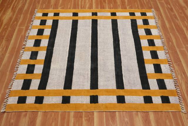 Handwoven Cotton Rug, Black & Gold Striped Area Modern Farmhouse Decor - image 1
