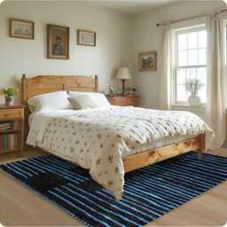 Black Moroccan Rug With Blue Stripes, & Shag Rug, Custom Made Carpet, Large Area Berber Rug - thumbnail 3