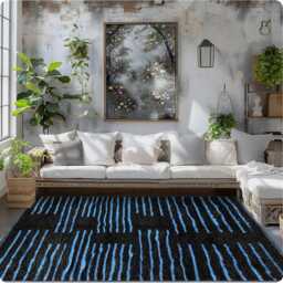 Black Moroccan Rug With Blue Stripes, & Shag Rug, Custom Made Carpet, Large Area Berber Rug - thumbnail 4
