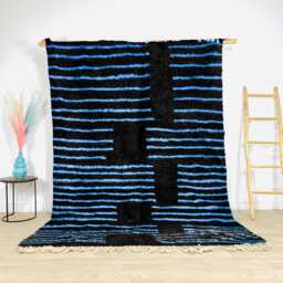 Black Moroccan Rug With Blue Stripes, & Shag Rug, Custom Made Carpet, Large Area Berber Rug