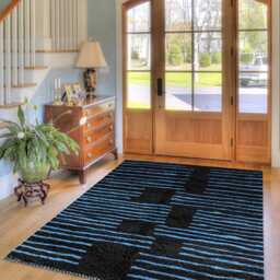 Black Moroccan Rug With Blue Stripes, & Shag Rug, Custom Made Carpet, Large Area Berber Rug - thumbnail 2