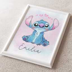 stitch Angel Inspired A4 Or A3 Wall Art Print Unframed Pink Blue Decor Girl Boy Personalised Custom Name Kids Bedroom - thumbnail 2