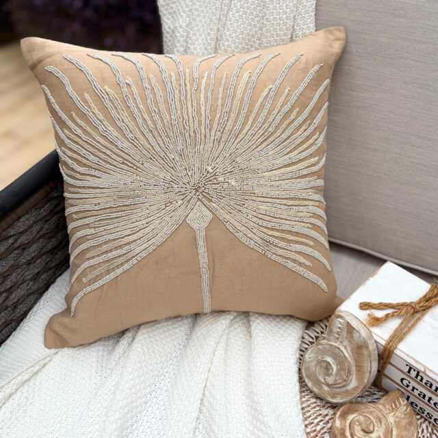 "Beige Cotton Linen Beaded Sea Creature Pattern Throw Pillow Cover, 16""x16" - image 1