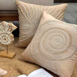 "Beige Cotton Linen Beaded Sea Creature Pattern Throw Pillow Cover, 16""x16" - thumbnail 3