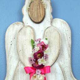 Angel, Modern Farmhouse Decor, Country Distressed Wood Pink Roses With Ribbon Wall Hanging Rustic Angel - thumbnail 2