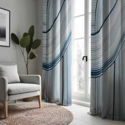 Modern Blue Stripe Curtains, Wave Pattern Window Panels, Minimalist Living Room Drapes, Custom Sizes Navy White Treatments - thumbnail 2