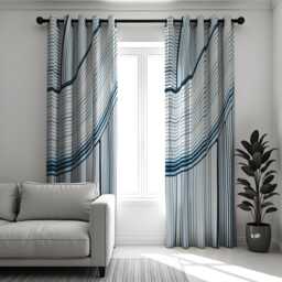 Modern Blue Stripe Curtains, Wave Pattern Window Panels, Minimalist Living Room Drapes, Custom Sizes Navy White Treatments - thumbnail 1