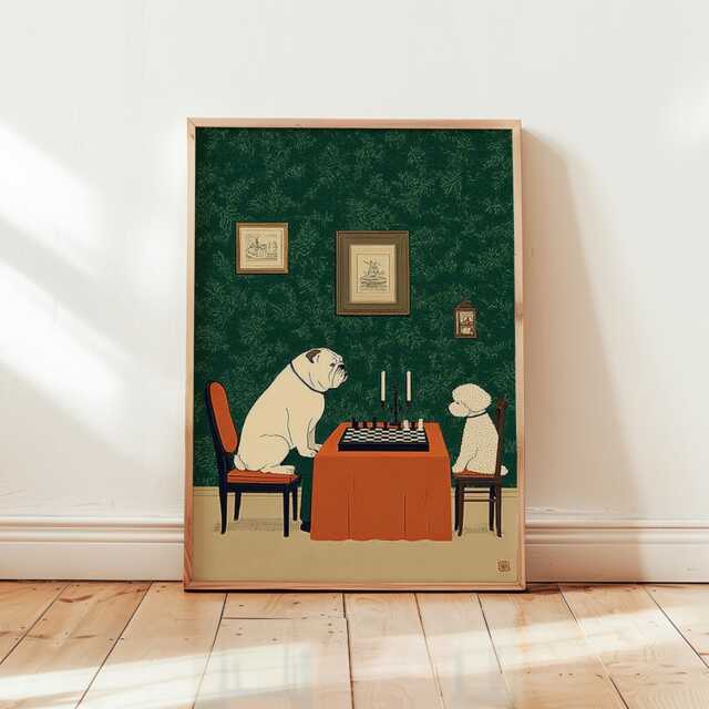 Bulldog & Poodle Chess Poster - Whimsical Dogs Playing Wall Art Mid-Century Modern Library Decor Quirky Pet Lover Paper Print - image 1