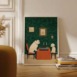 Bulldog & Poodle Chess Poster - Whimsical Dogs Playing Wall Art Mid-Century Modern Library Decor Quirky Pet Lover Paper Print - thumbnail 2