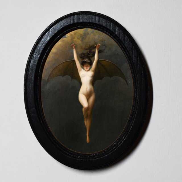 Albert Joseph Penot Bat Woman Gothic Print, Black Oval Wooden Frame - image 1