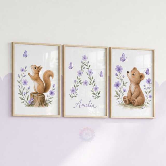 Woodland Nursery Prints - Girls Personalised Print Set Of 3, Purple Wildflower Bedroom Wall Art - image 1