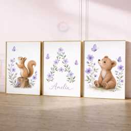 Woodland Nursery Prints - Girls Personalised Print Set Of 3, Purple Wildflower Bedroom Wall Art - thumbnail 2