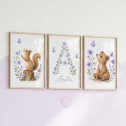 Woodland Nursery Prints - Girls Personalised Print Set Of 3, Purple Wildflower Bedroom Wall Art