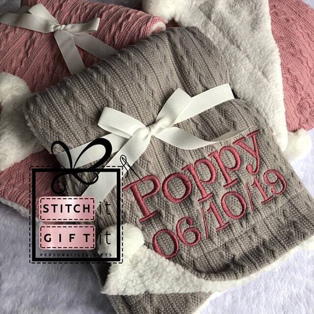 Personalised Baby Cable Knit Blanket Name Embroidered Pom Pom/Sherpa Throw Christening 1st Birthday Gift Shower Newborn Sage Rose Blue - image 1