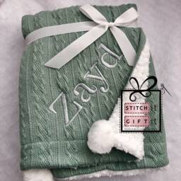 Personalised Baby Cable Knit Blanket Name Embroidered Pom Pom/Sherpa Throw Christening 1st Birthday Gift Shower Newborn Sage Rose Blue - thumbnail 3