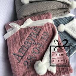 Personalised Baby Cable Knit Blanket Name Embroidered Pom Pom/Sherpa Throw Christening 1st Birthday Gift Shower Newborn Sage Rose Blue - thumbnail 2