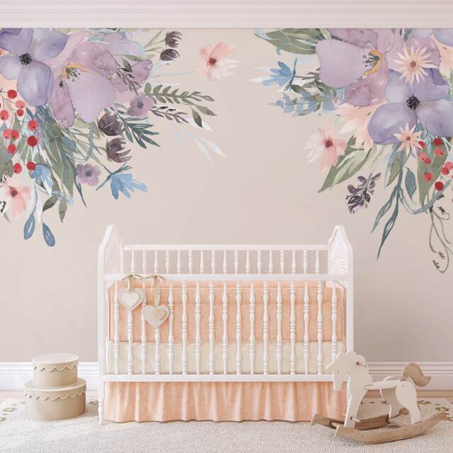 Wild Summer Garden Corners Lavender Pink Wall Decal Flowers Peonies & Blooms Mural Watercolor Flower Frame Canopy Blossoms - image 1