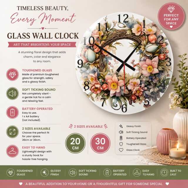 Floral Wreath Glass Clock - 20/30cm Quiet Wall Clock, 10 Designs - image 1