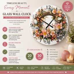 Floral Wreath Glass Clock - 20/30cm Quiet Wall Clock, 10 Designs - thumbnail 1