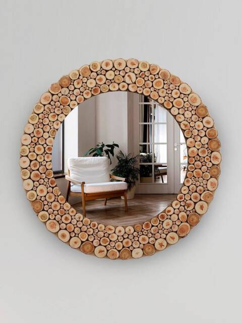 Wooden Mosaic Mirror Wall Art 60cm - 24 - image 1