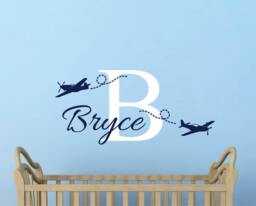 Custom Name Airplane Wall Decal, Personalized Nursery Decals, Removable, Kids Plane Decals - thumbnail 1