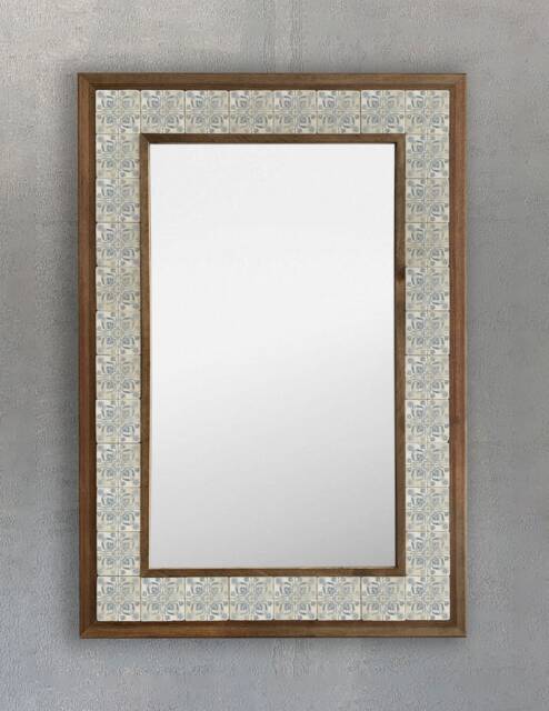Christmas Gift, New Home Housewarming Natural Stone Wedding Wooden Mirror, Ceramic Decor, Handmade Wall Mirror - image 1